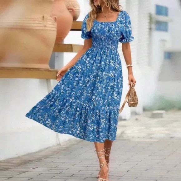 Black Floral Midi Dress with Smocked Bodice - Picture 4 of 9